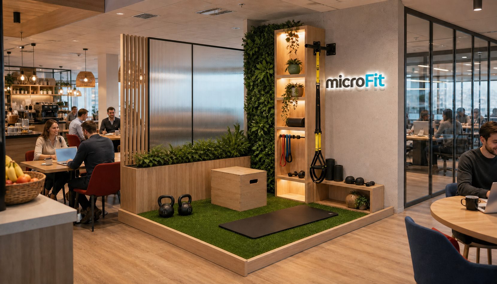 Render de un microgimnasio MicroFit integrado a una oficina activa