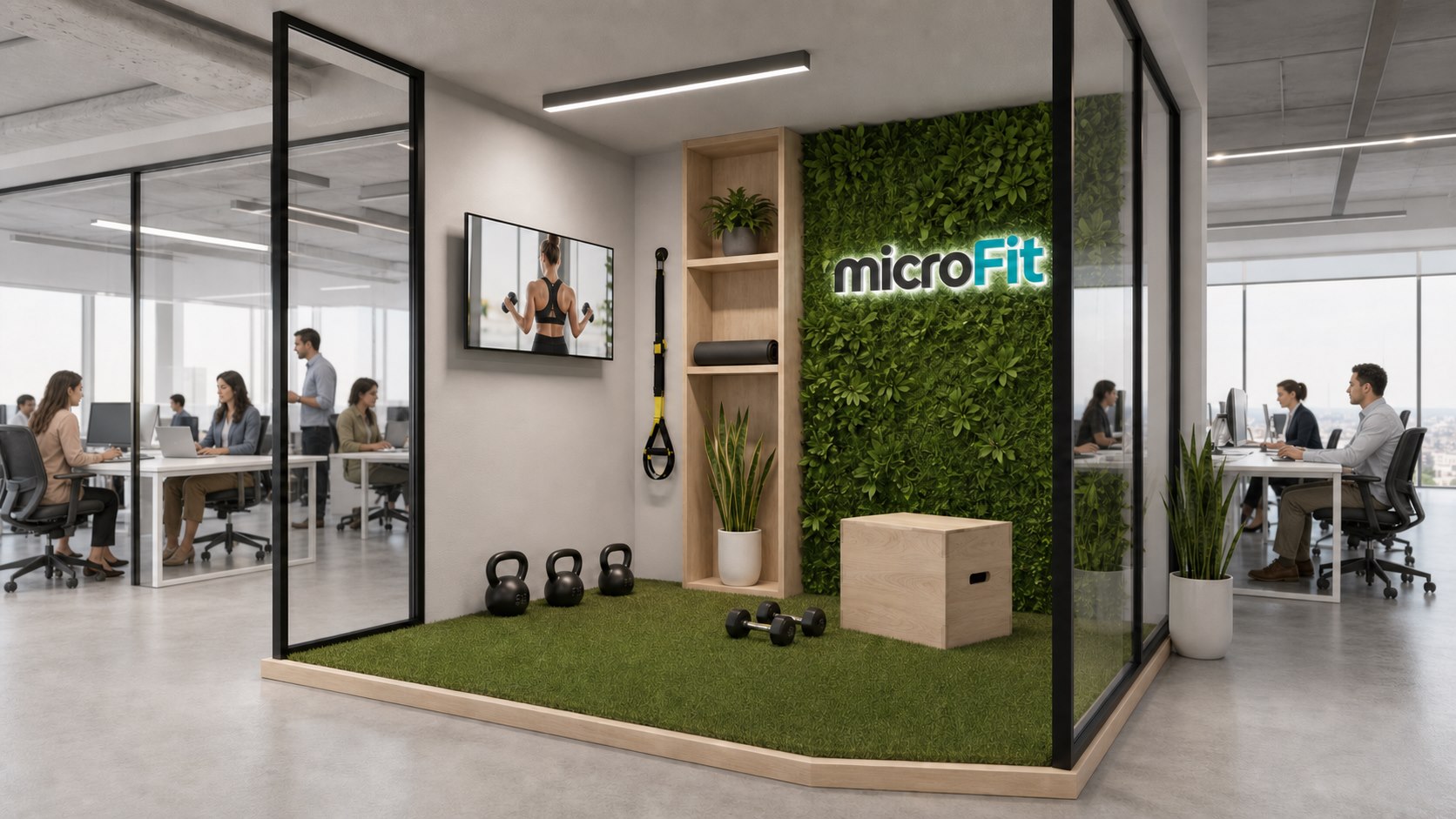 Render de una instalación MicroFit rodeada por personas trabajando en la oficina